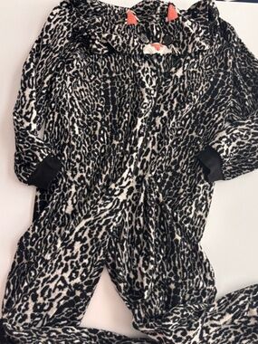 Nick & Nora Cat Hooded Leopard Print Fleece One Piece Pajama Adult Medium